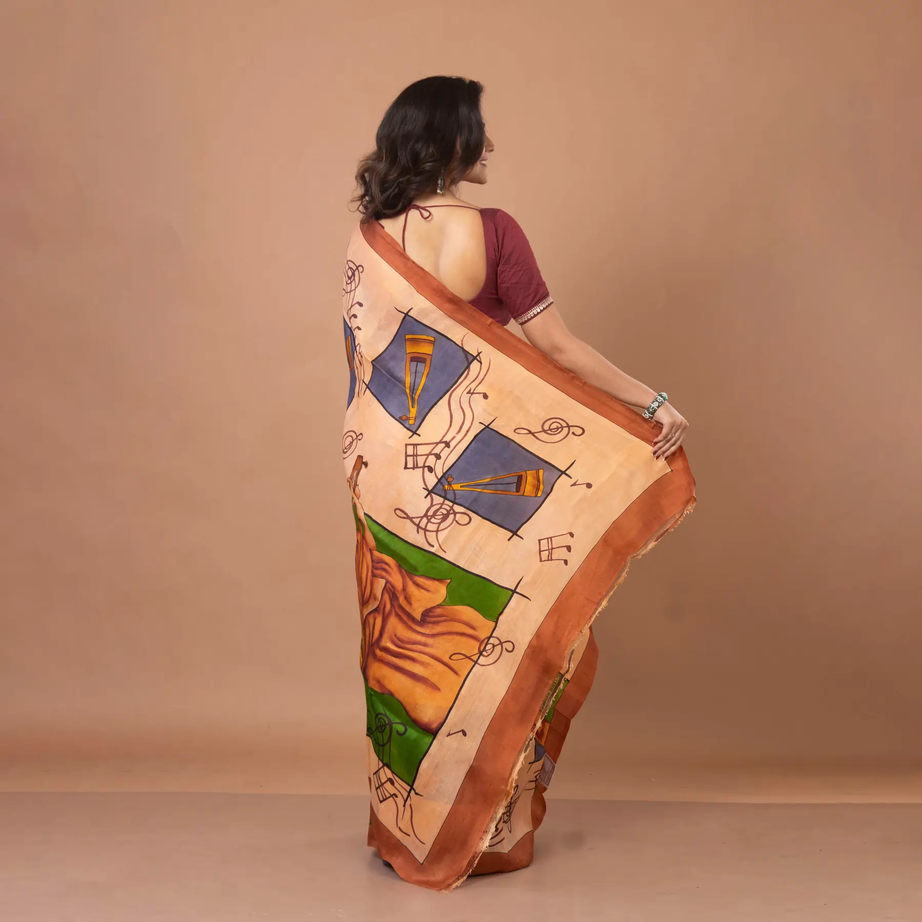 Light Brown Hand-Painted Bishupur Silk Saree with Musical Motif Work - Image 4