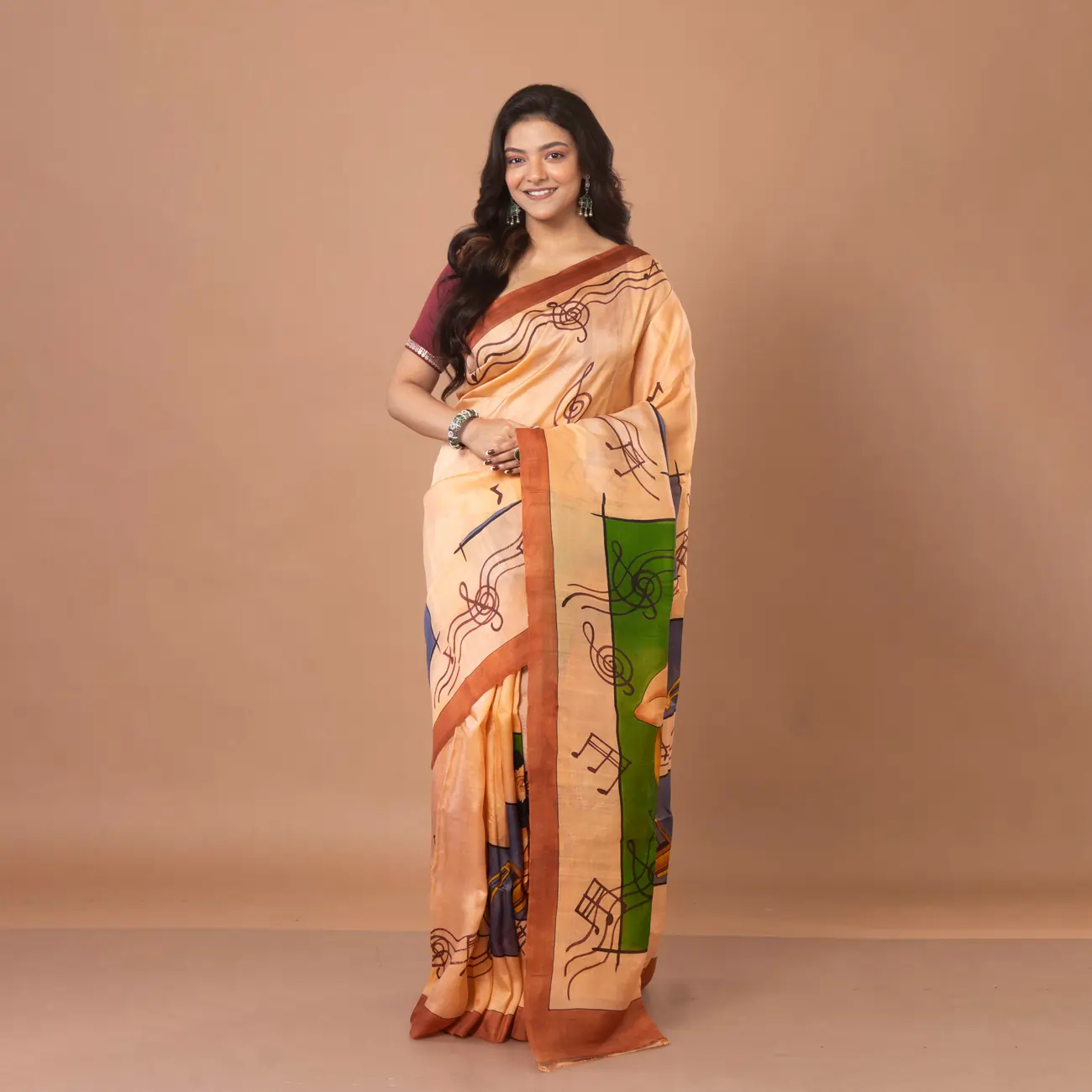 Light Brown Hand-Painted Bishupur Silk Saree with Musical Motif Work