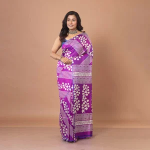 Electric Purple Bishnupuri Silk Block Printed Saree with Floral & Geometric Motifs
