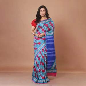 Magenta & Teal Hand-Block Printed Pure Bishnupuri Katan Silk Saree
