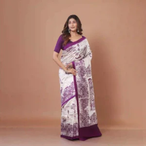 White Bishnupur Silk Saree with Purple Bengali Script & Kolkata Heritage Print