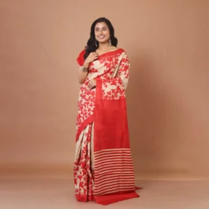 Beige & Red Chinar Leaf Hand-Block Printed Gachi Tussar Saree