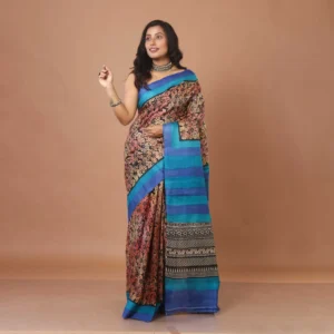 Hand-Block Printed Pure Gachi Tussar Saree in Copper and Royal Blue