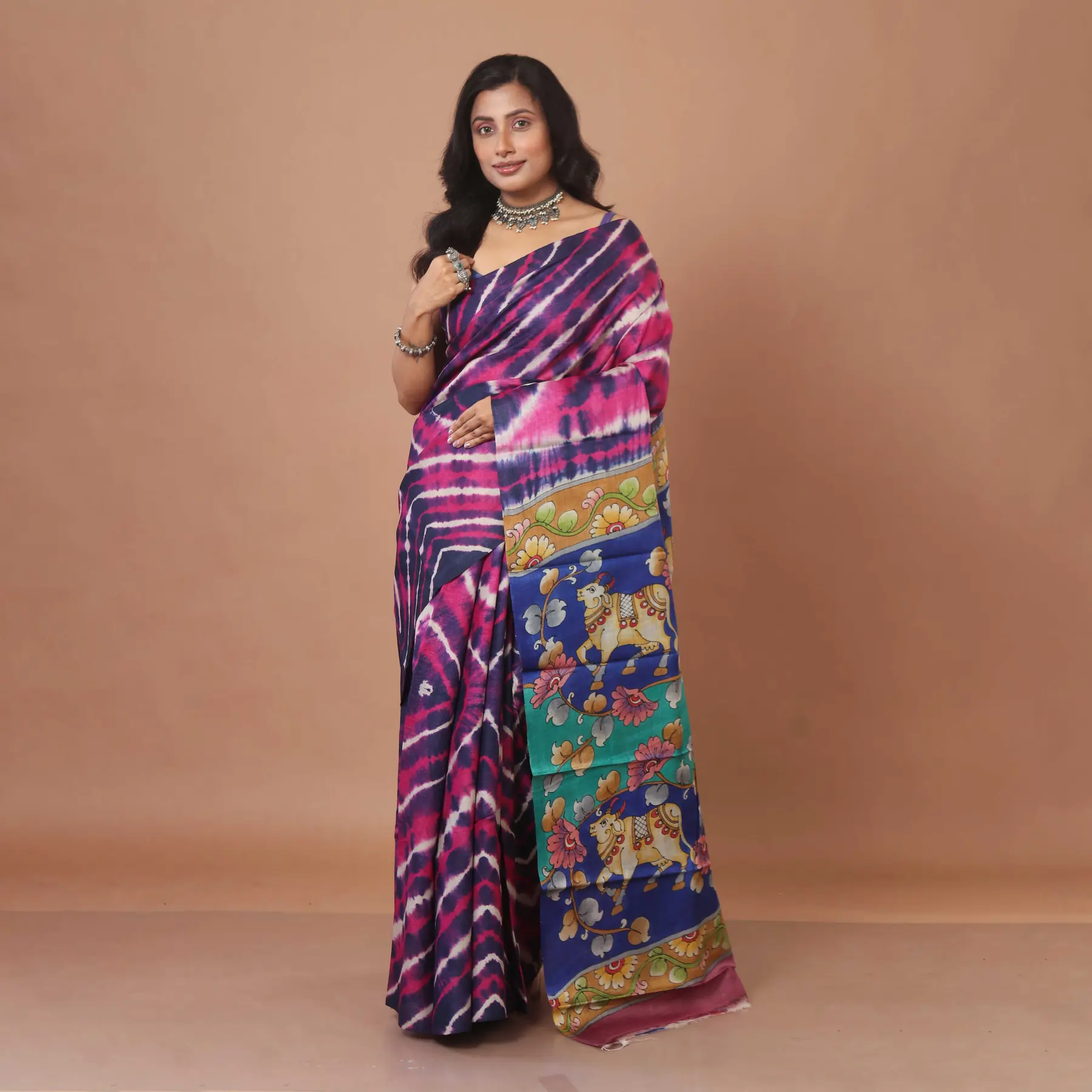 Majestic Magenta Tussar Silk Saree with Shibori Tie-Dye and Hand-Painted Kamdhenu Pichwai Pallu