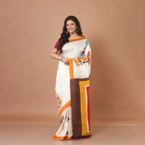Pure Bishnupuri Katan Silk Saree with Block-Painted Patachitra Mythological Motifs