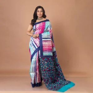 Pure Bishnupuri Silk Saree in Navy Blue and Magenta with Hand-Painted Floral Pallu and Shibori Tie-Dye