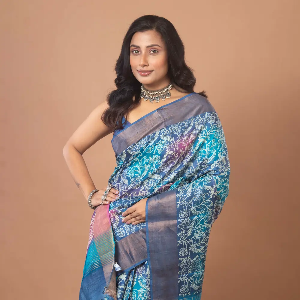 Blue Block Printed Tussar Silk Saree with Zari Border and Contrast Pallu - Image 2