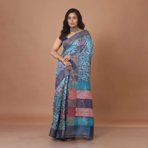 Blue Block Printed Tussar Silk Saree with Zari Border and Contrast Pallu