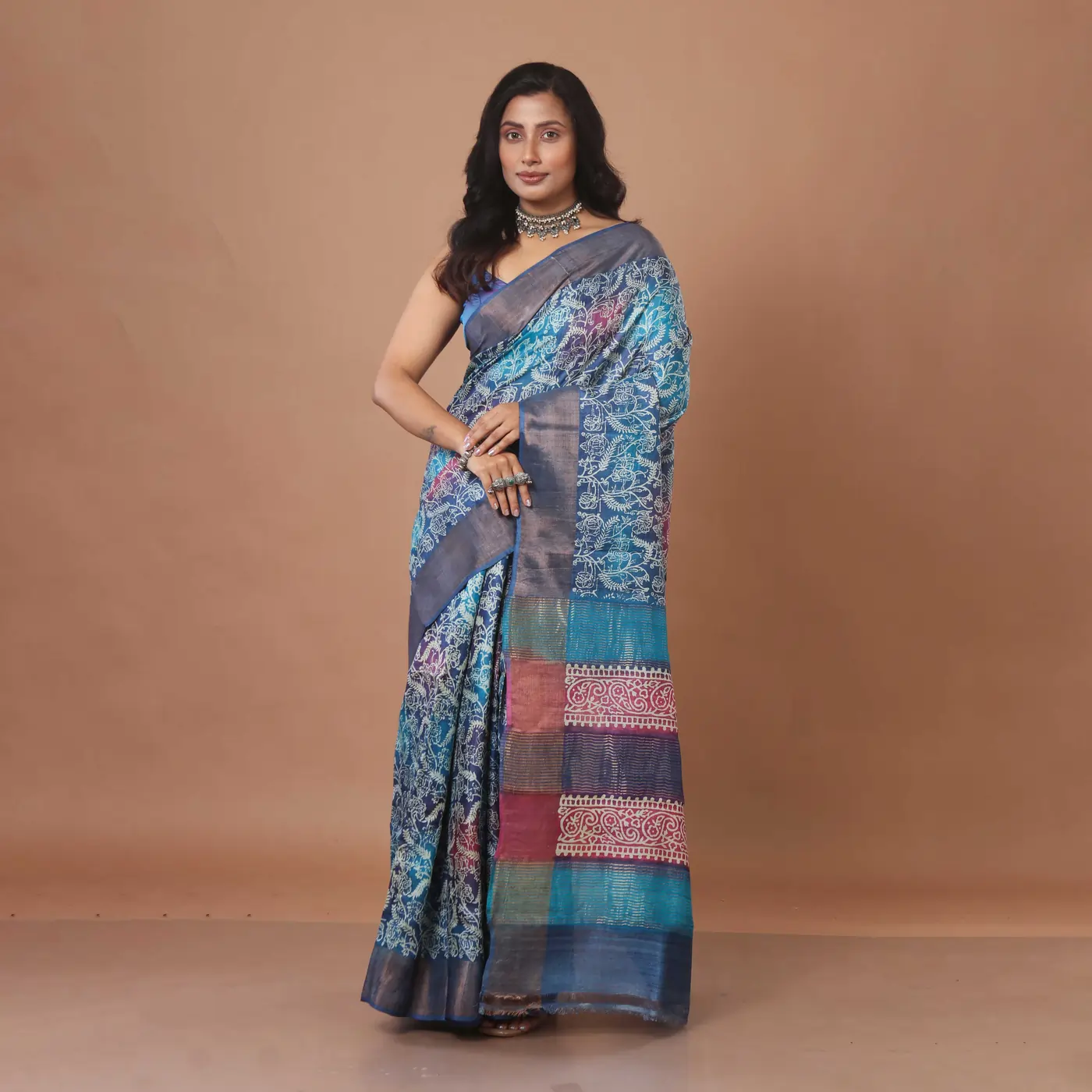 Blue Block Printed Tussar Silk Saree with Zari Border and Contrast Pallu