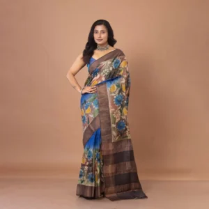 Blue With Floral Hand-Painted Zari Border Pure Gachi Tussar Saree