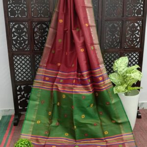 Maroon and Green Bishnupuri Katan Silk Kalakshetra Saree