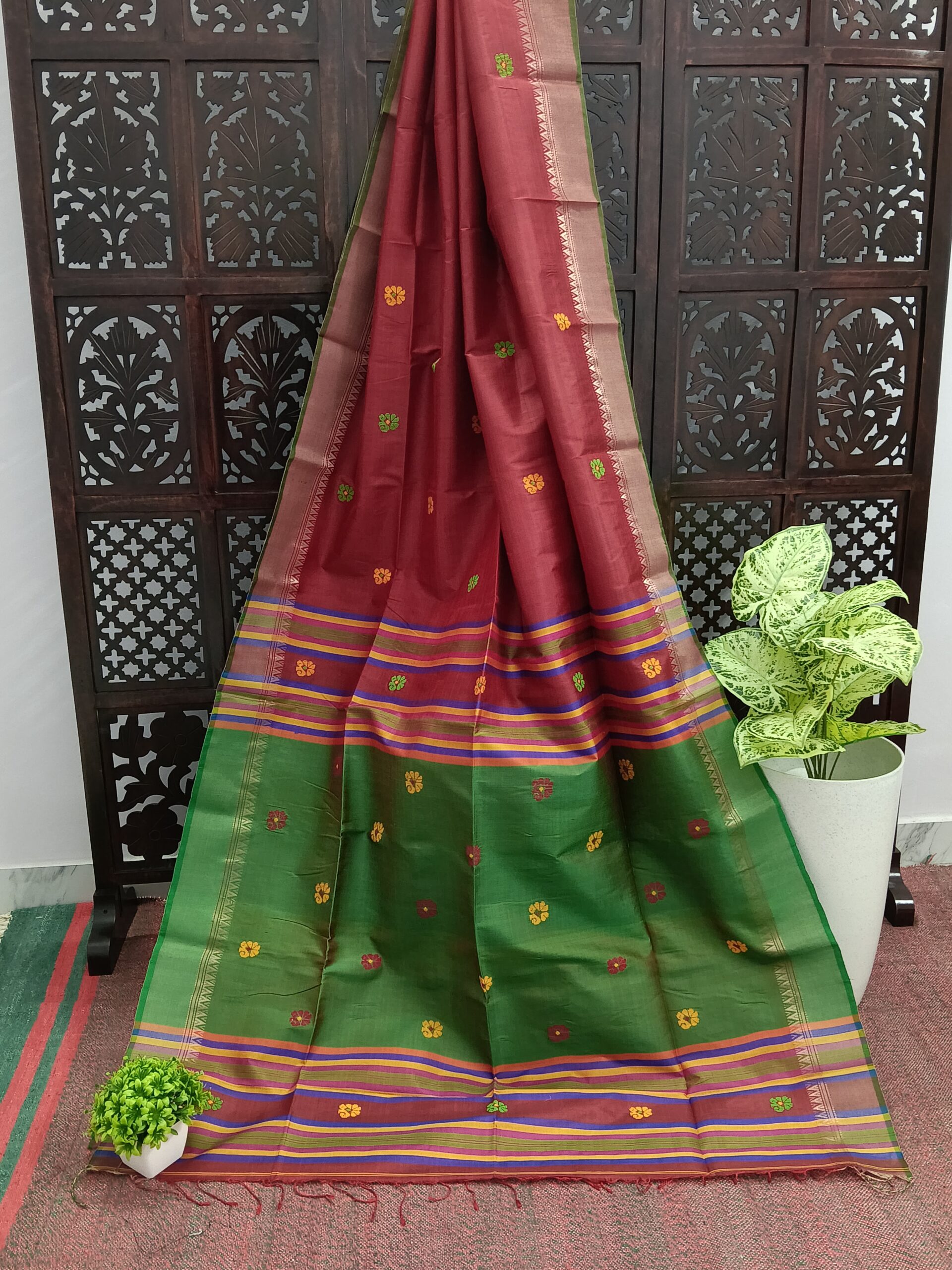 Maroon and Green Bishnupuri Katan Silk Kalakshetra Saree