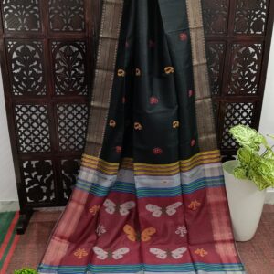 Black & Maroon Bishnupuri Katan Silk Kalakshetra Saree