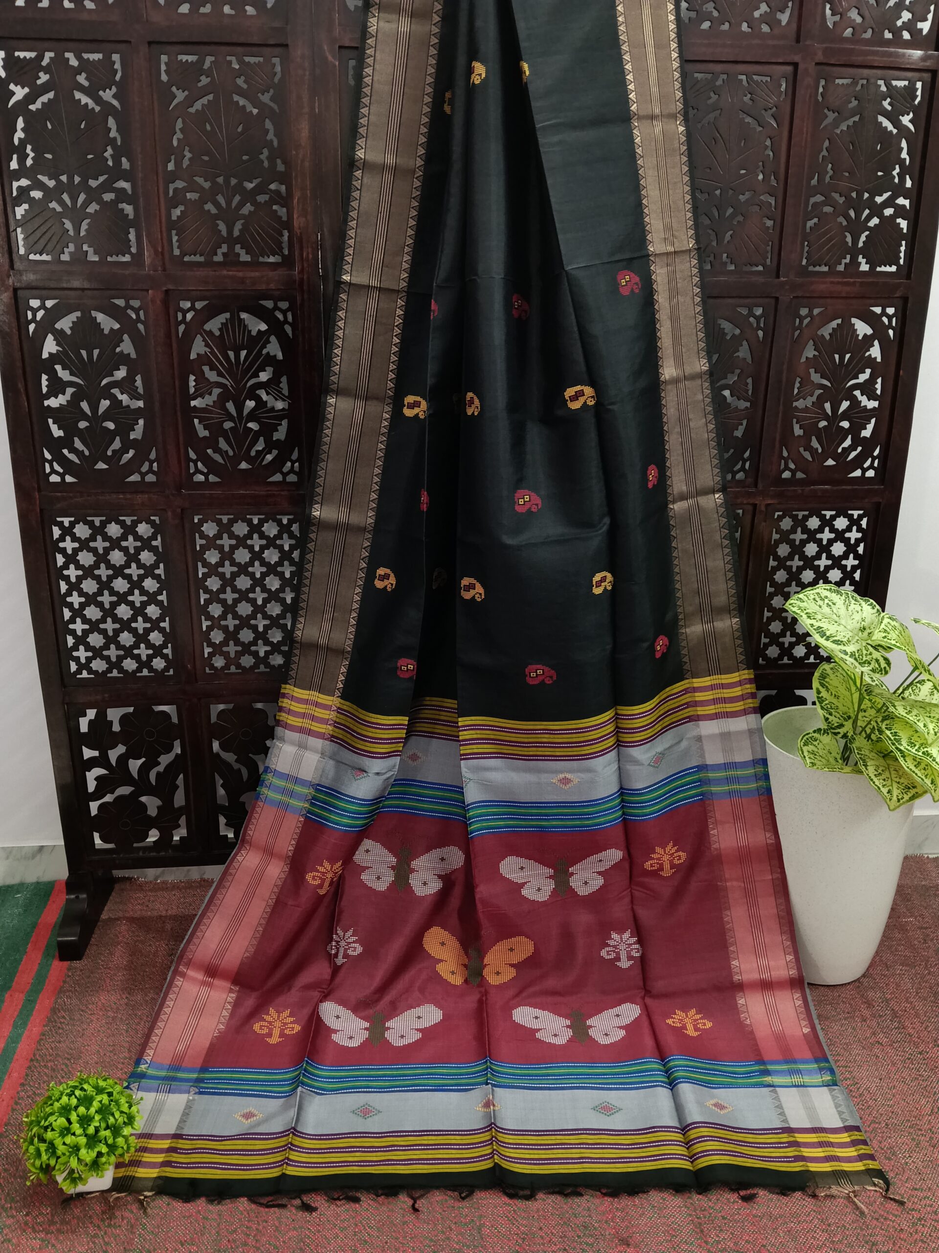 Black & Maroon Bishnupuri Katan Silk Kalakshetra Saree