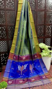 Leaf Green with Gold Tone (Dual Tone) Bishnupuri Katan Silk Kalakshetra Saree
