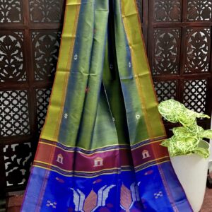 Leaf Green with Gold Tone (Dual Tone) Bishnupuri Katan Silk Kalakshetra Saree
