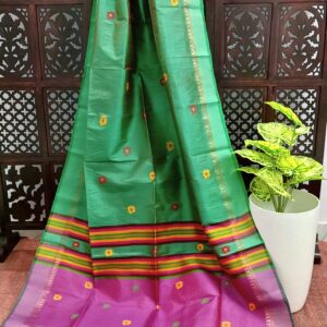 Emerald Teal Green Bishnupuri Katan Silk Kalakshetra Saree