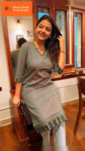 Khadi Cotton Kurtis with Ajrak print - Sage green