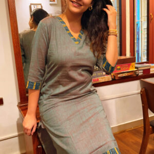 Khadi Cotton Kurtis with Ajrak print - Sage green