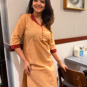 Khadi Cotton Kurtis with Ajrak print – Sand Beige