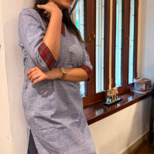 Khadi Cotton Kurtis with Ajrak print - Powder Blue
