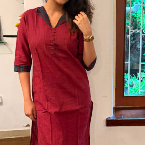 Khadi Cotton Kurtis with Ajrak print - Earthy Maroon