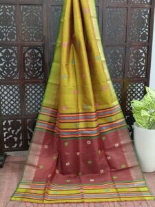 Mustard Yellow (Dual Tone) Bishnupuri Katan Silk Kalakshetra Saree