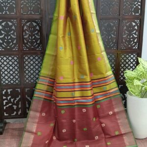 Mustard Yellow (Dual Tone) Bishnupuri Katan Silk Kalakshetra Saree