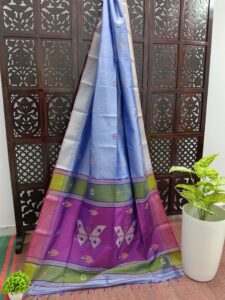 Powder Blue  Bishnupuri Katan Silk Kalakhetra Saree