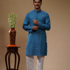 Men’s Hand Block Printed Cotton Kurta – Blue