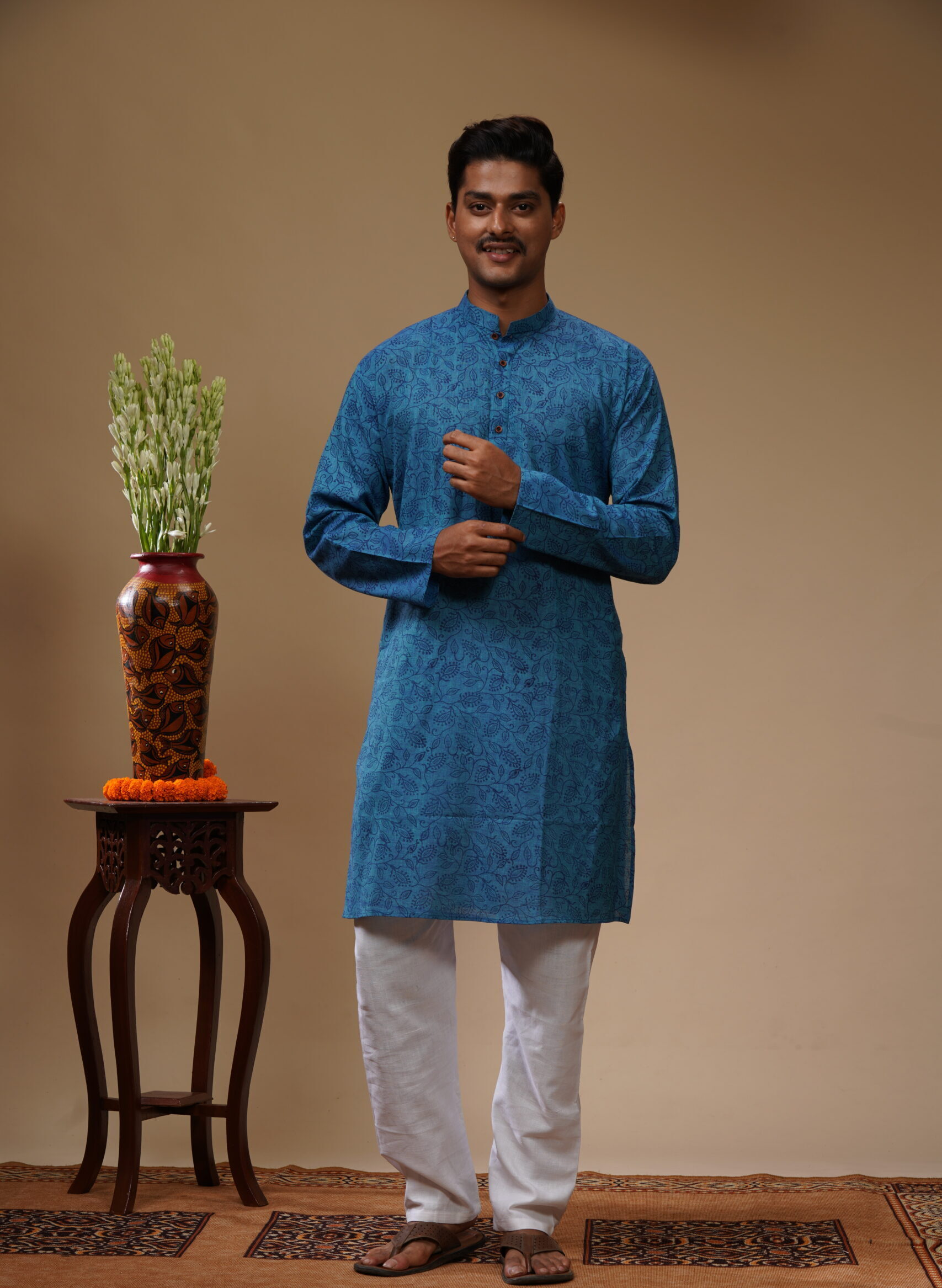 Men’s Hand Block Printed Cotton Kurta – Blue