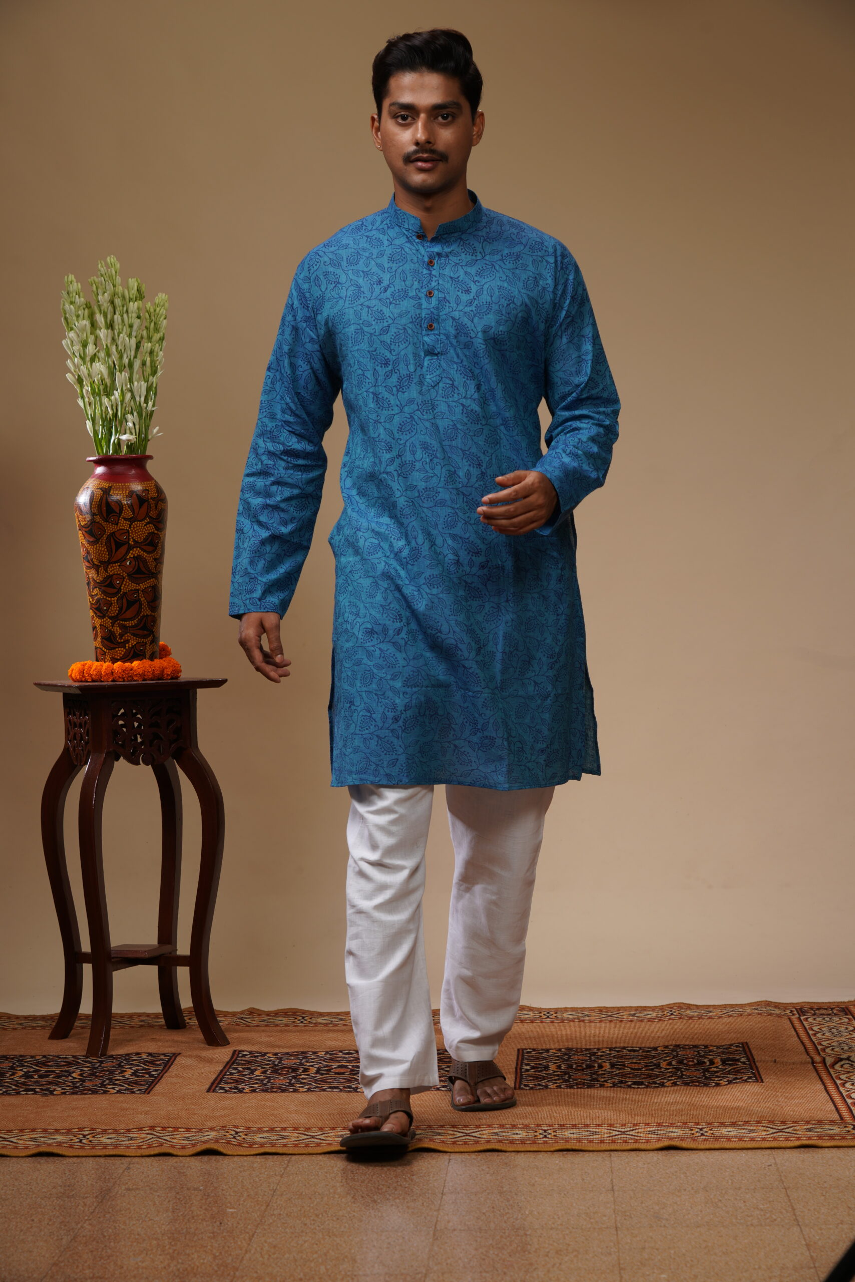 Men’s Hand Block Printed Cotton Kurta – Blue - Image 2