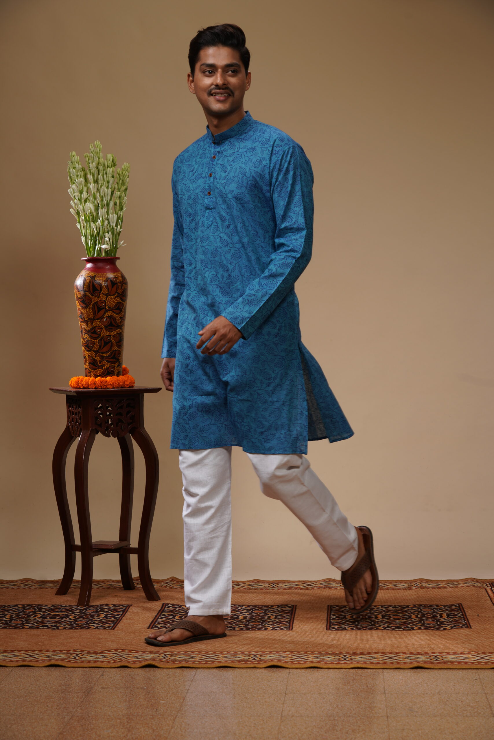 Men’s Hand Block Printed Cotton Kurta – Blue - Image 3